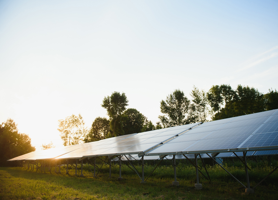 Solar panel produces green, environmentaly friendly energy from the setting sun